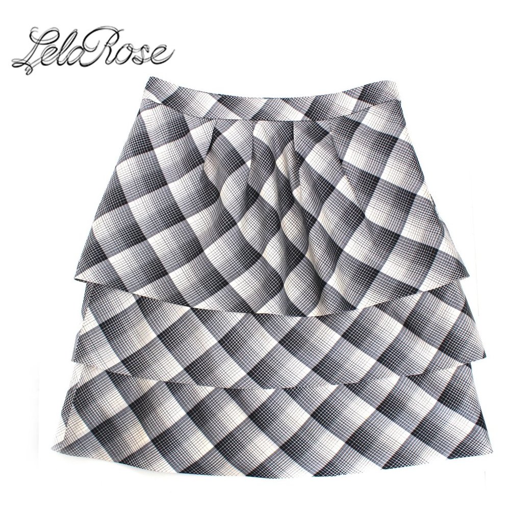Lela Rose Silk Plaid Tiered A Line Skirt Black White Gray Knee Length SZ 8